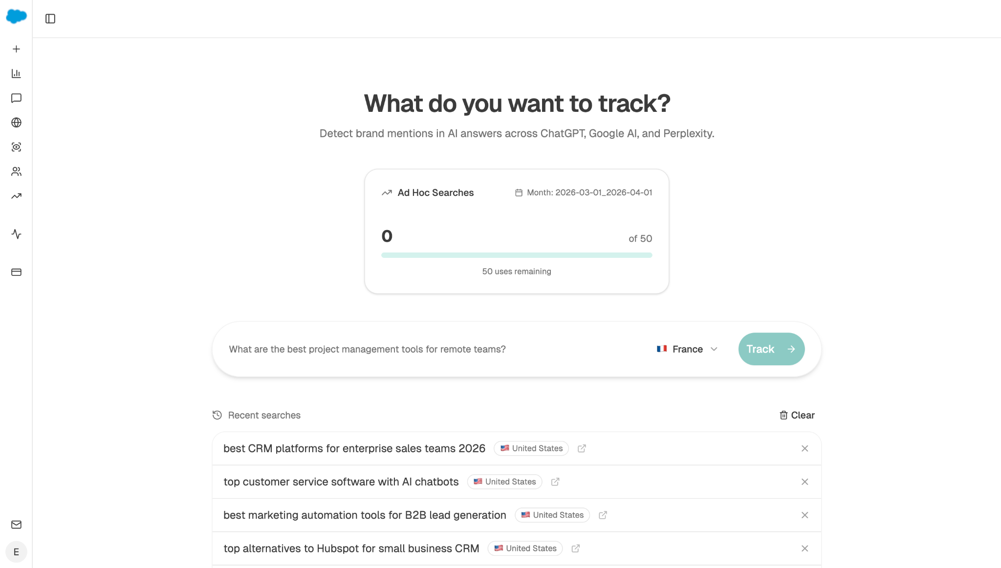 [Screenshot: Analyze AI Tracked Prompts setup screen showing how to add new prompts with country targeting and automatic scheduling]