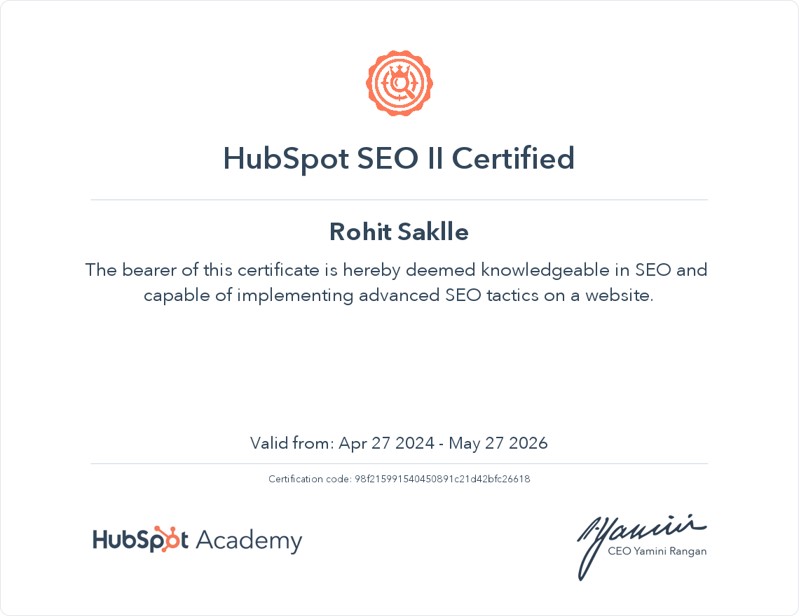 [Screenshot of the HubSpot Academy SEO Certification course page showing the enrollment screen and course module breakdown]