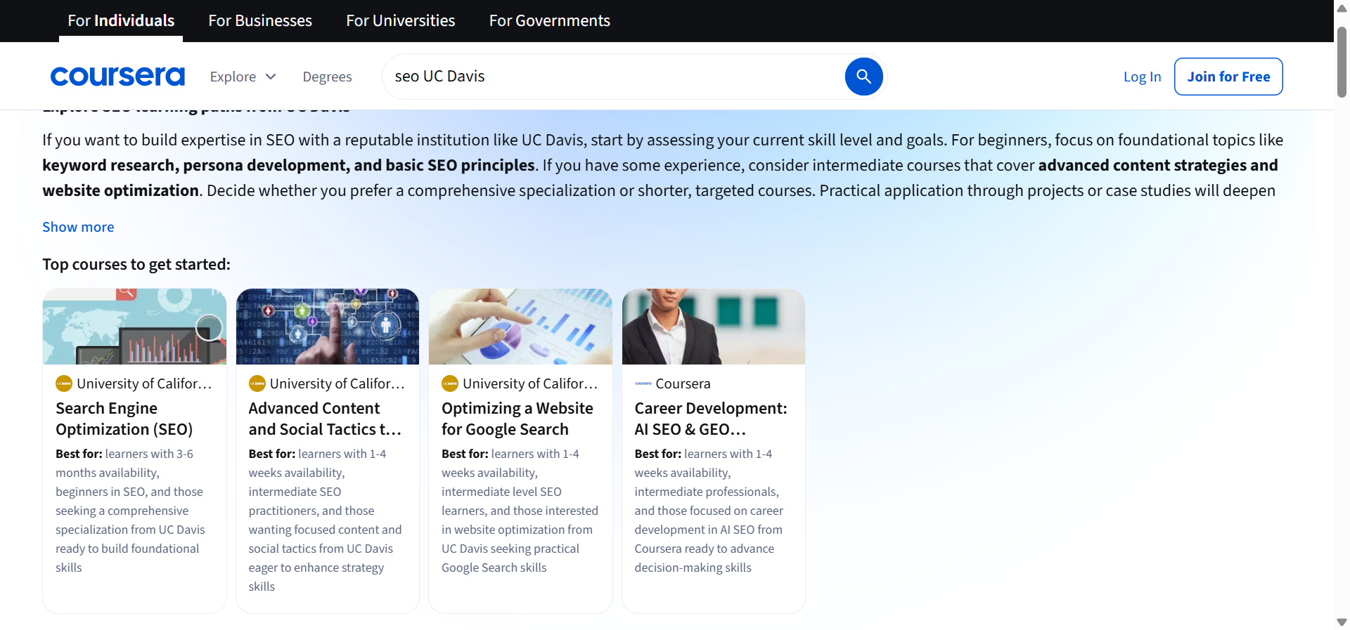 [Screenshot of the Coursera SEO Specialization page showing the five-course structure and UC Davis branding]