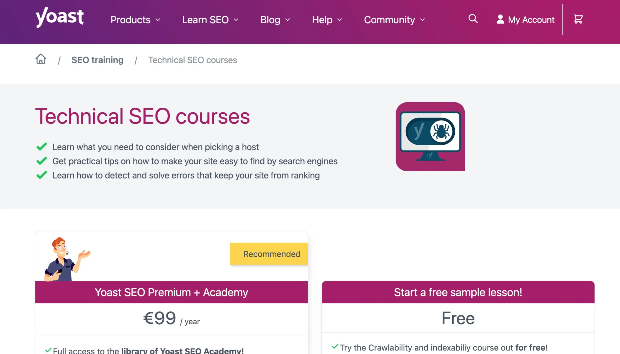[Screenshot of the Yoast Academy All-Around SEO training course page showing the lesson modules and pricing]