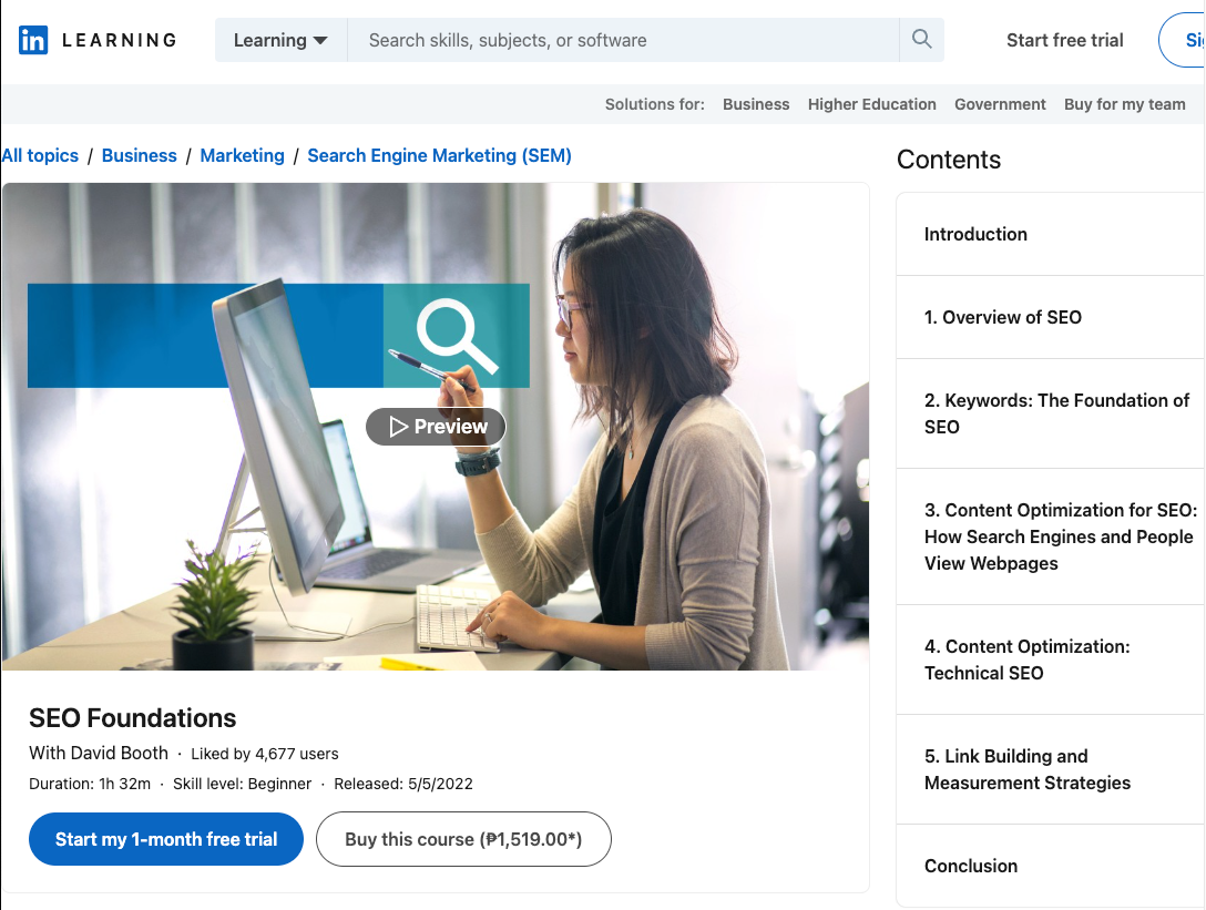 [Screenshot of the LinkedIn Learning SEO Foundations course page showing the module breakdown]