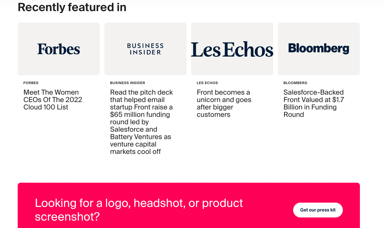 [Screenshot: Example of a company&rsquo;s press page showing a curated list of media appearances and publications that have cited their work]