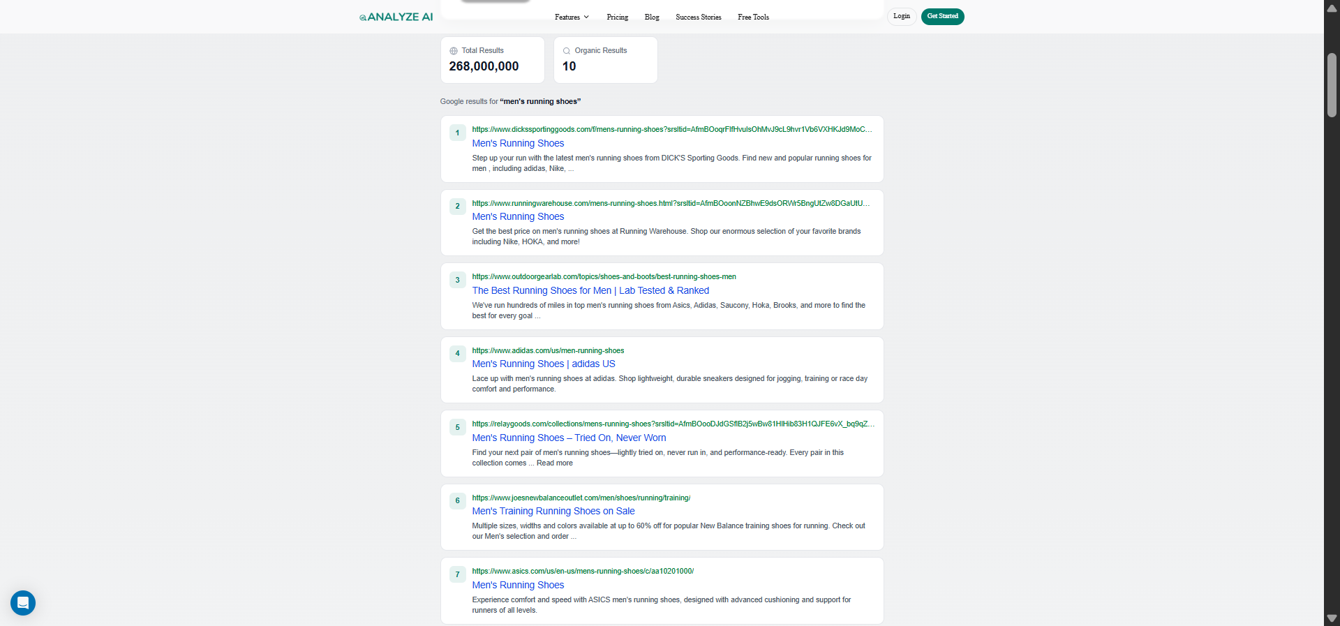 [Screenshot: Analyze AI SERP Checker showing top 10 results for an affiliate keyword with domain authority and traffic estimates]