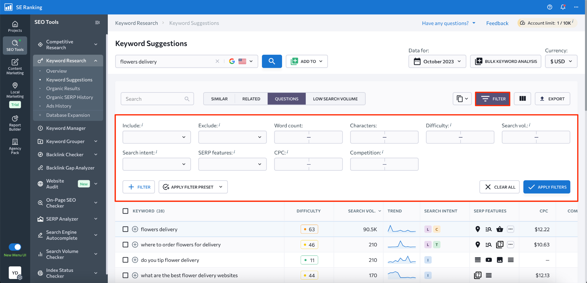[Screenshot: Using the &ldquo;Include&rdquo; filter in a keyword tool with modifier words like &ldquo;best,&rdquo; &ldquo;vs,&rdquo; &ldquo;pricing&rdquo; entered as filter terms]
