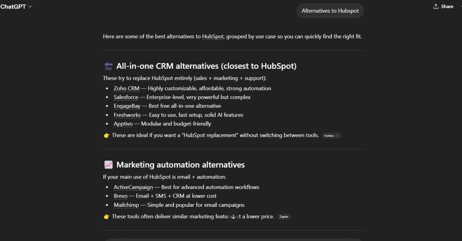 [Screenshot: ChatGPT search results showing brand mentions for a category query]