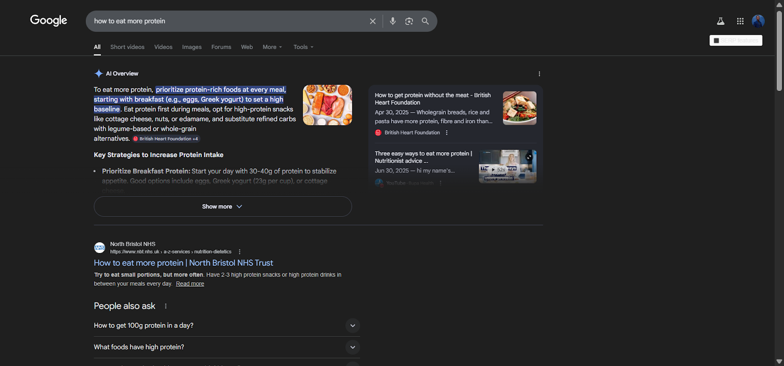 [Screenshot: Google search results for &ldquo;how to eat more protein&rdquo; showing all organic results are blog posts &mdash; no ads visible]