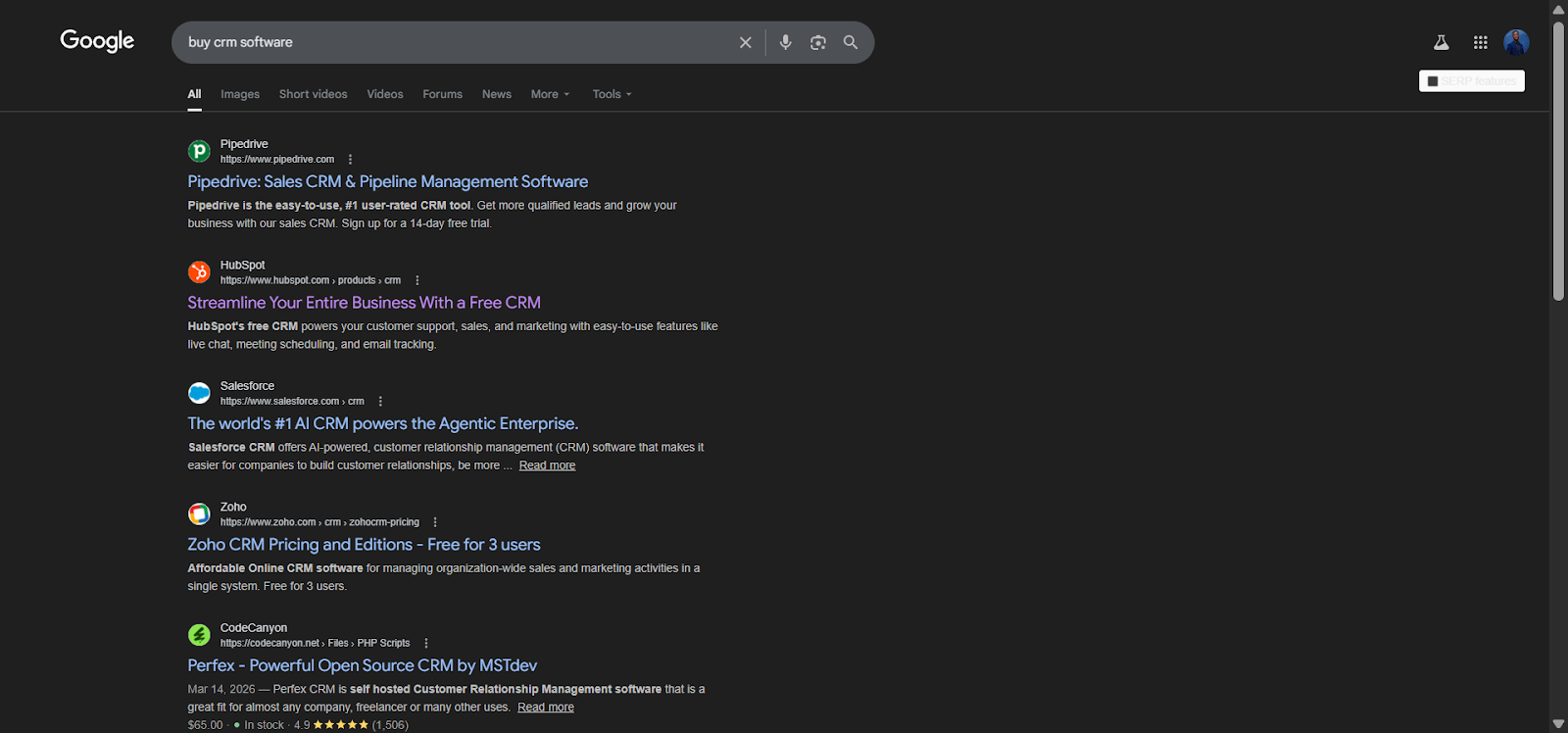 [Screenshot: Google search results for &ldquo;buy crm software&rdquo; showing major brands dominating the organic results]