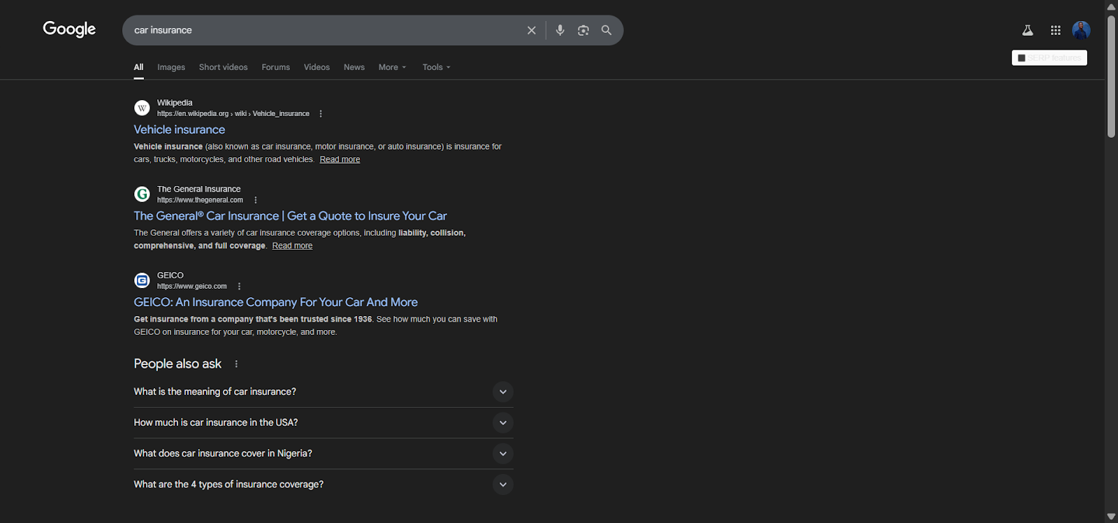 [Screenshot: Google search results for &ldquo;car insurance&rdquo; showing 4 ads above organic results]