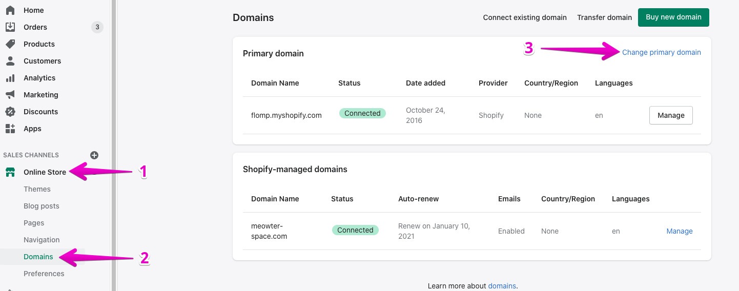 [Screenshot: Shopify admin Domains settings page showing the primary domain selection]
