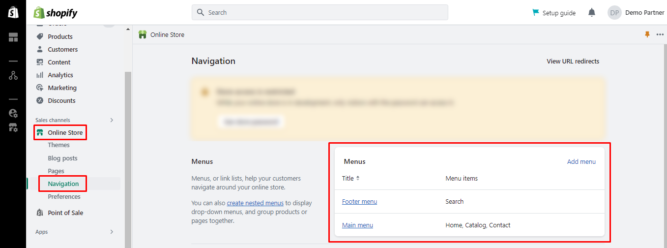 [Screenshot: Shopify admin showing the Navigation menu editor with nested collection structure]