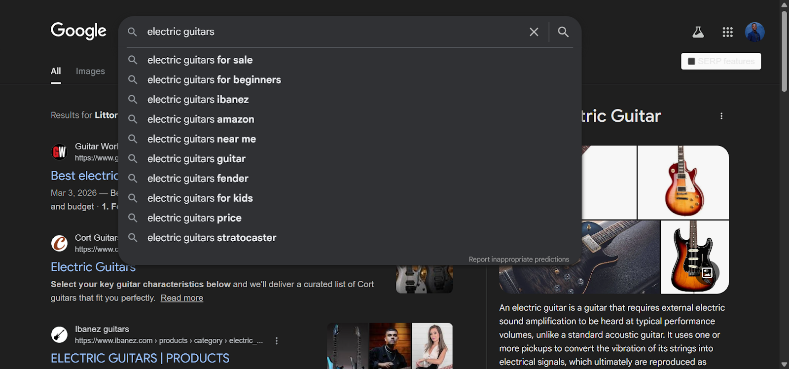 [Screenshot: Google Autocomplete showing suggestions for &ldquo;electric guitars&rdquo; search]