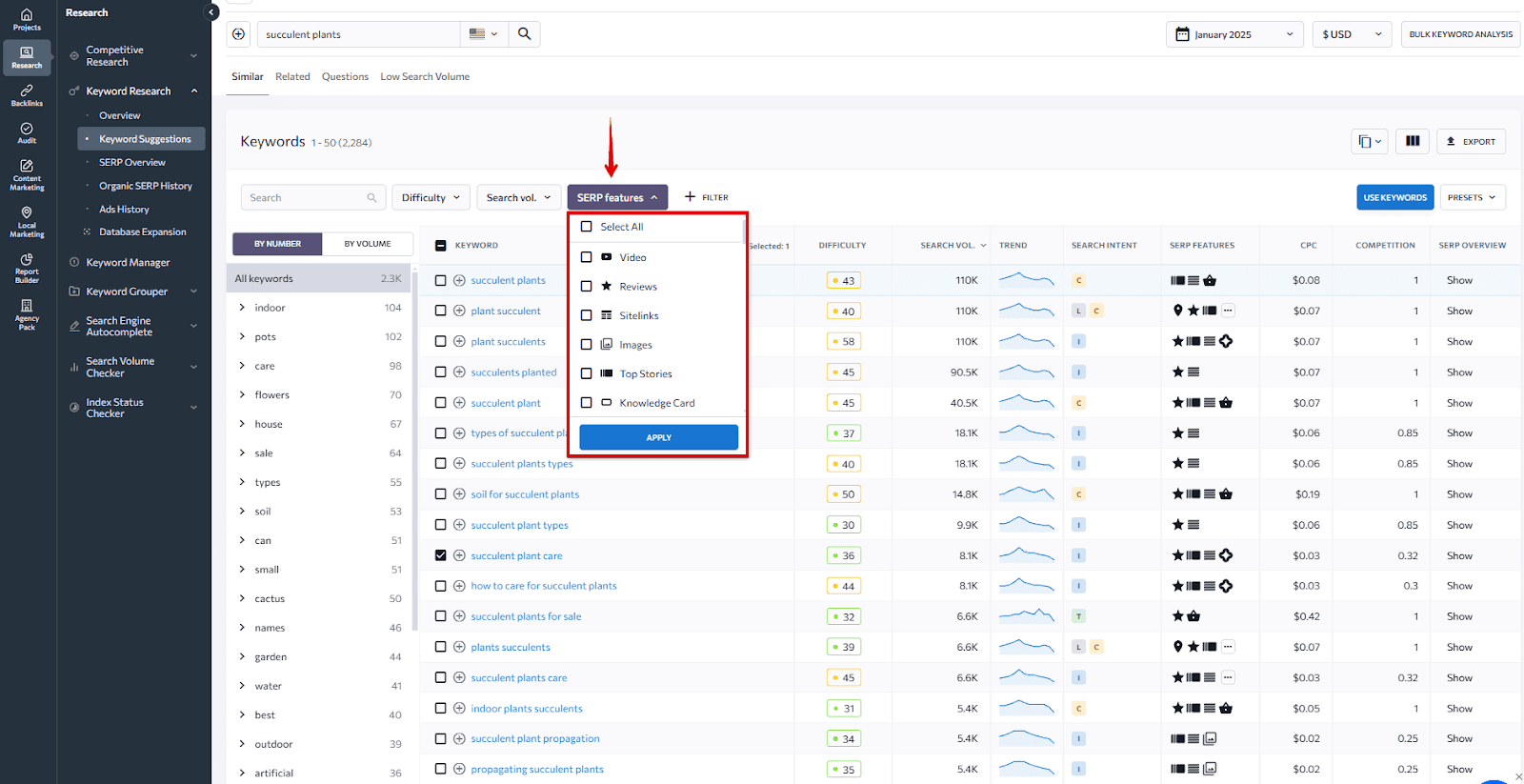 [Screenshot: Google SERP for a product keyword showing the types of pages that rank (collection vs. product)]