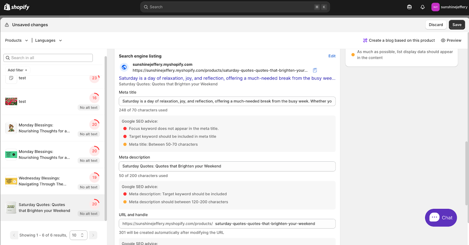 [Screenshot: Shopify admin showing the SEO title and meta description editor for a product page]