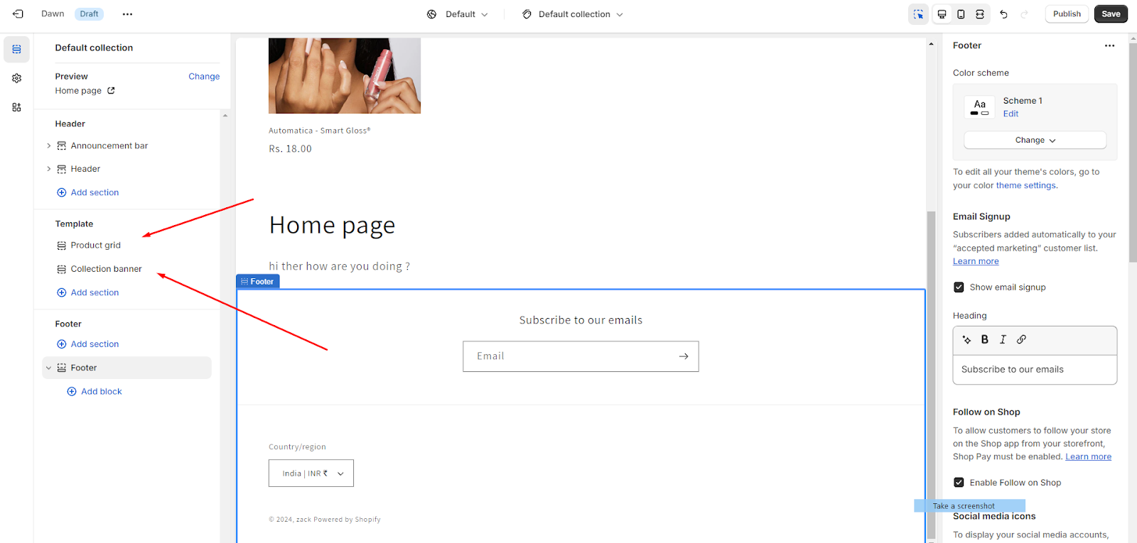 [Screenshot: Shopify admin showing the collection description editor]