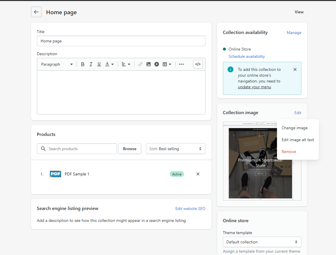 [Screenshot: Shopify admin showing the alt text editor for a product image]