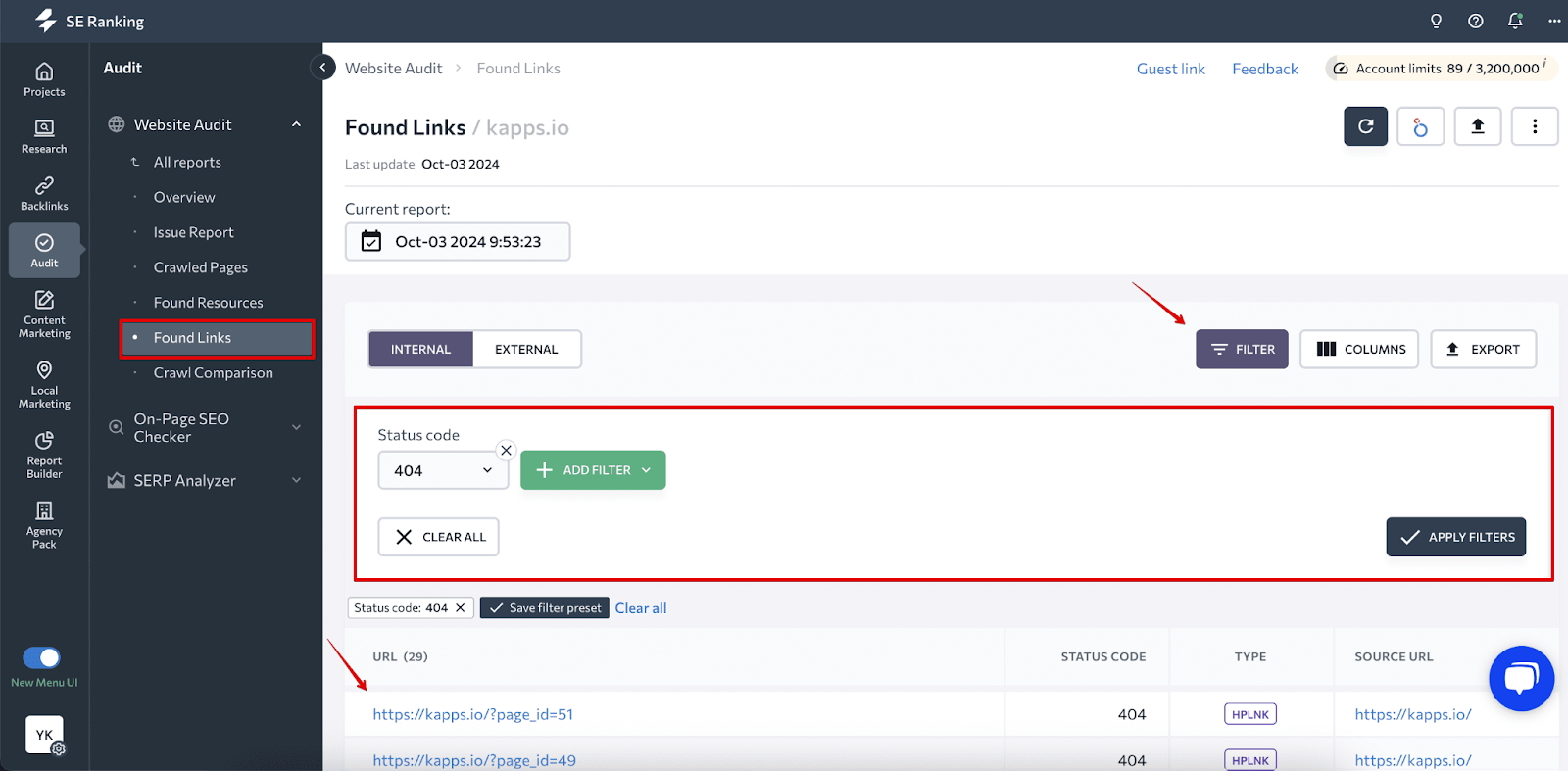 [Screenshot: Site audit tool showing 404 pages sorted by number of referring domains. Highlight the pages with the most backlinks pointing to them.]