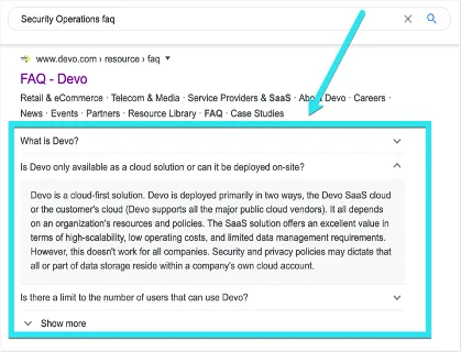 [Screenshot: Google SERP showing a rich snippet with FAQ schema expanded, taking up more space than a standard result.]