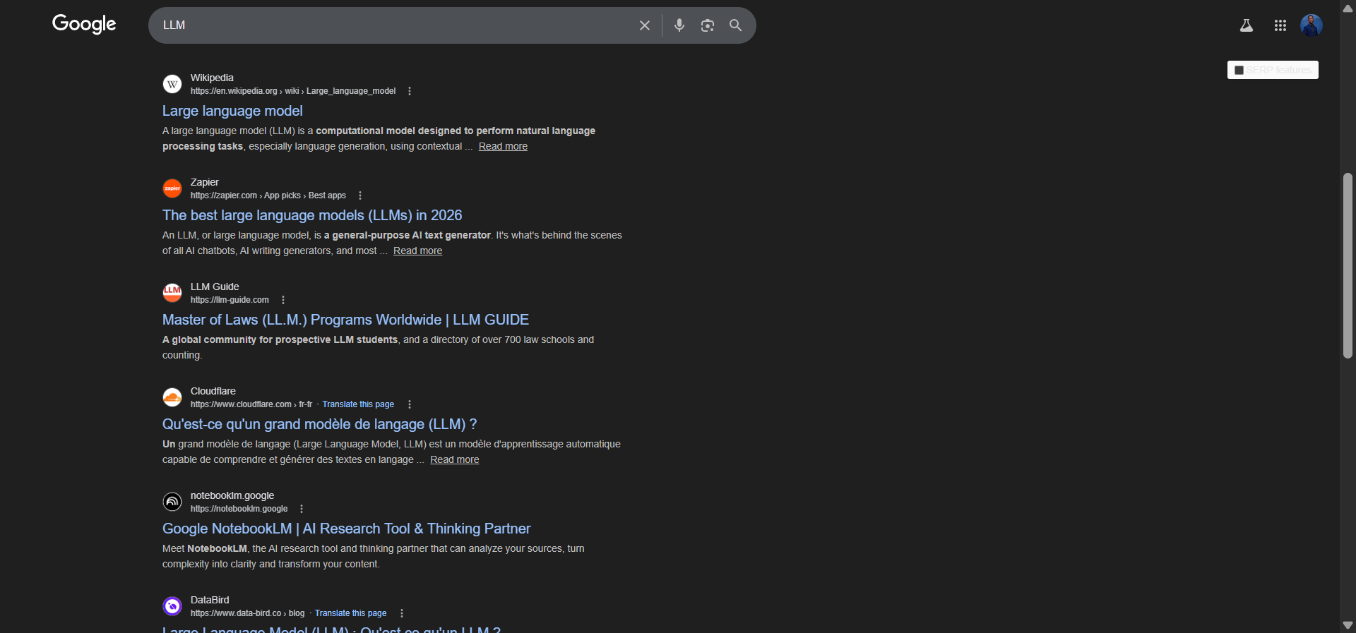 [Screenshot: Side-by-side SERP comparison for the keyword &ldquo;LLM&rdquo; &mdash; before (dominated by law degree content) and after (dominated by large language model content), showing a near-complete intent switch]