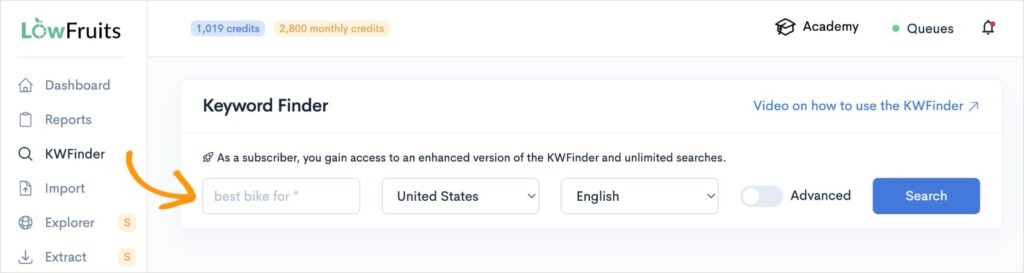 [Screenshot: A keyword research tool&rsquo;s main search bar with a seed keyword entered and the search button visible]