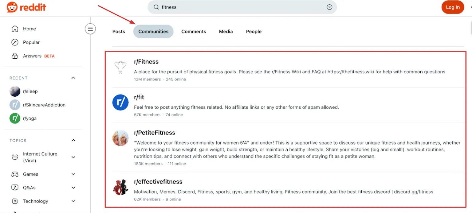 [Screenshot: Reddit search results page showing the &ldquo;Communities&rdquo; tab with a list of relevant subreddits for a sample niche keyword]