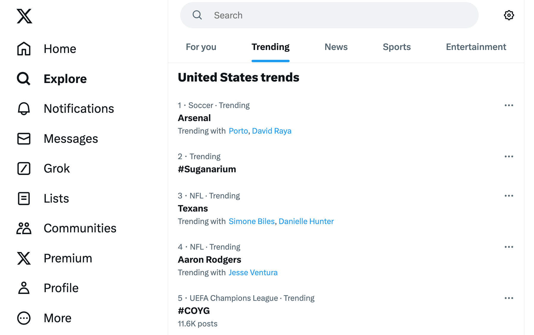 [Screenshot: X/Twitter Explore page showing trending topics, or a search results page sorted by &ldquo;Top&rdquo; for a niche keyword]
