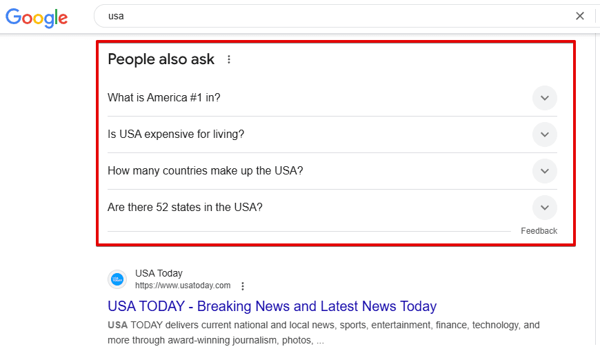 [Screenshot: Google SERP showing the &ldquo;People Also Ask&rdquo; expandable box with several related questions visible]