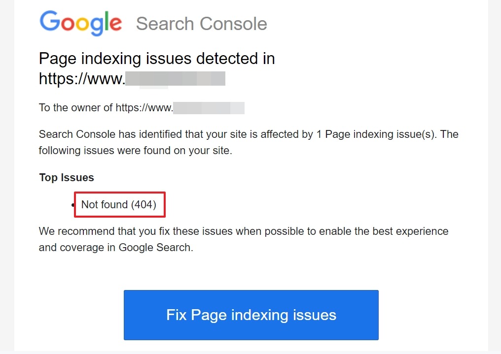 [Screenshot: Google Search Console&rsquo;s Indexing > Pages report, showing a list of 404 errors with page URLs]