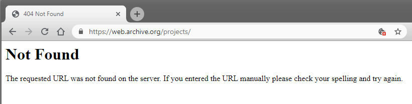 [Screenshot: The Wayback Machine showing an archived version of a page that is now returning a 404, with the calendar view showing available snapshots]