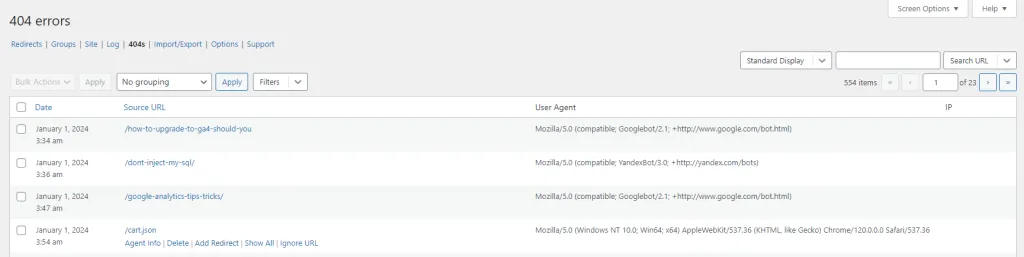 [Screenshot: A browser showing a 404 error page on a site, with the referrer being an external blog that linked to a now-dead URL]