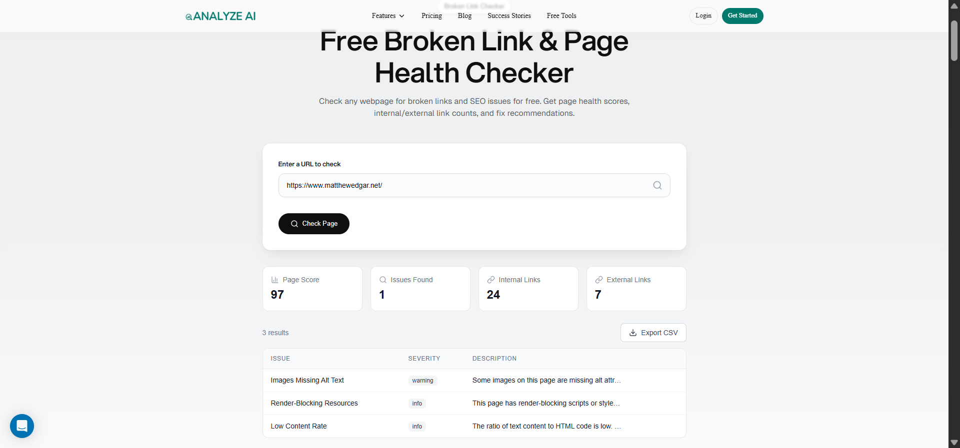[Screenshot: Analyze AI&rsquo;s Broken Link Checker showing results for broken backlinks &mdash; listing the broken page URLs, the number of referring domains, and the link equity being wasted]