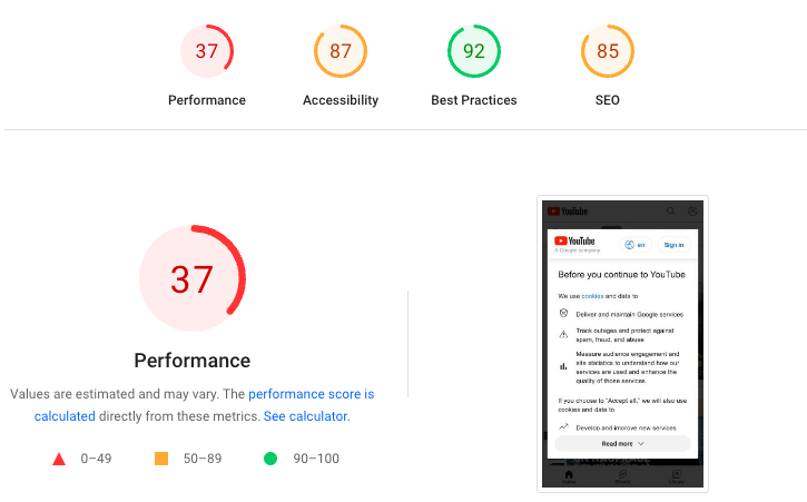 [Screenshot: Google PageSpeed Insights results page showing performance score and improvement suggestions]