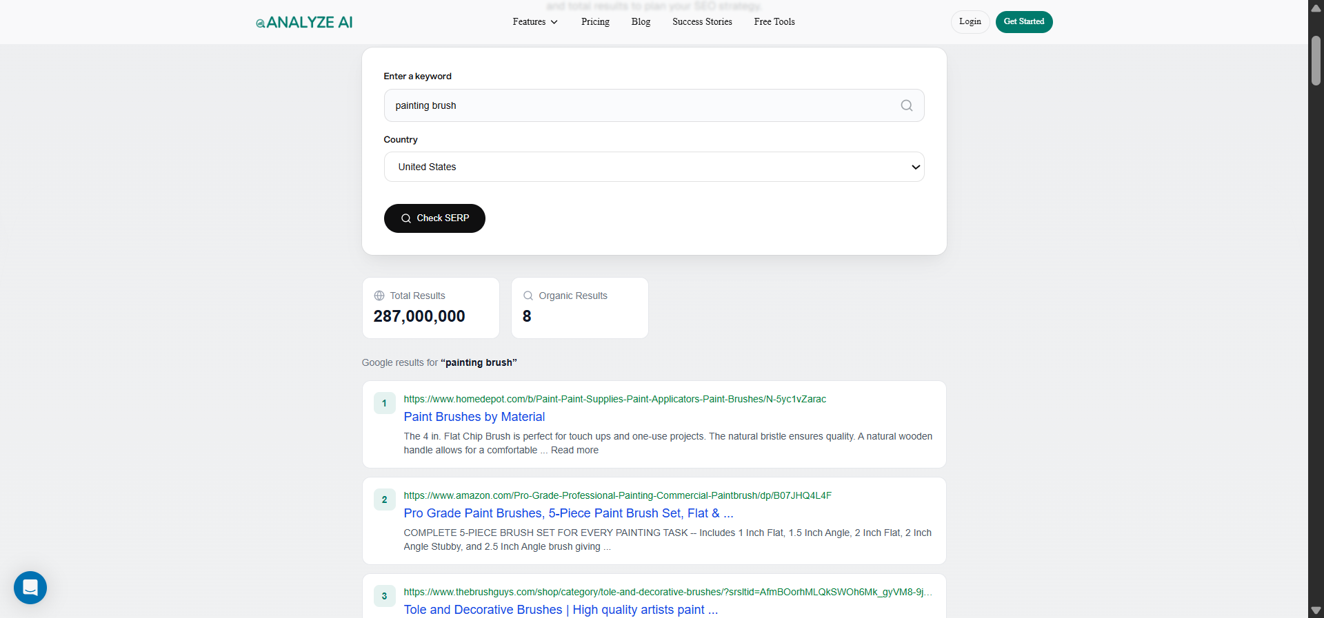 [Screenshot: SERP Checker results showing top 10 results for a keyword with titles, URLs, and domain authority scores]