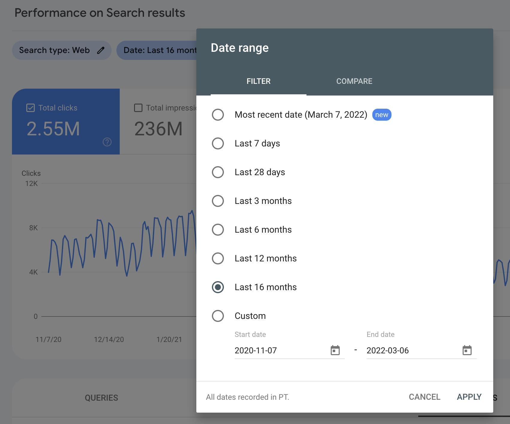 [Screenshot: Google Search Console Performance report with date comparison enabled, showing pages sorted by clicks difference in ascending order to reveal traffic-losing pages]