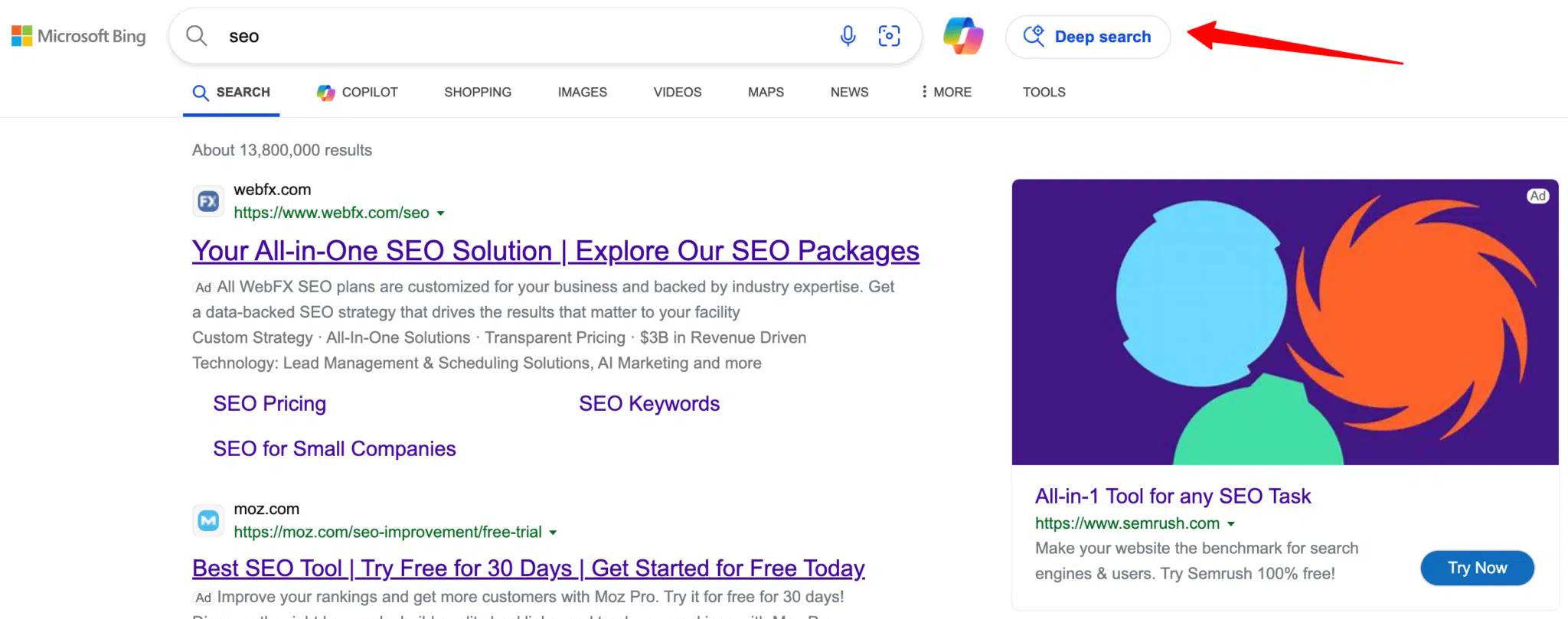 [Screenshot: Bing Deep Search feature showing expanded query results]
