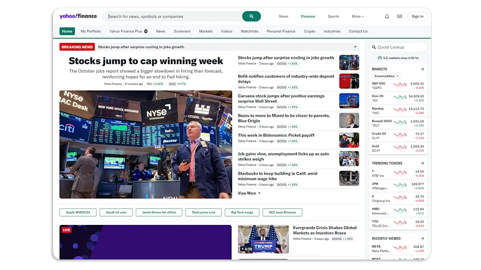[Screenshot: Yahoo Finance homepage]
