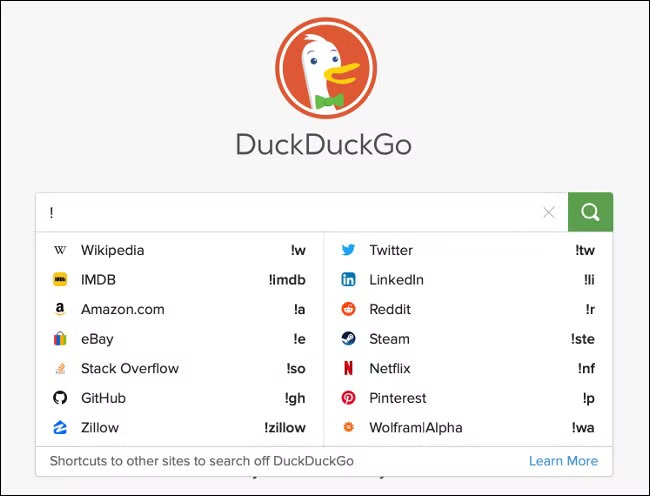 [Screenshot: DuckDuckGo search results with Bangs feature highlighted]