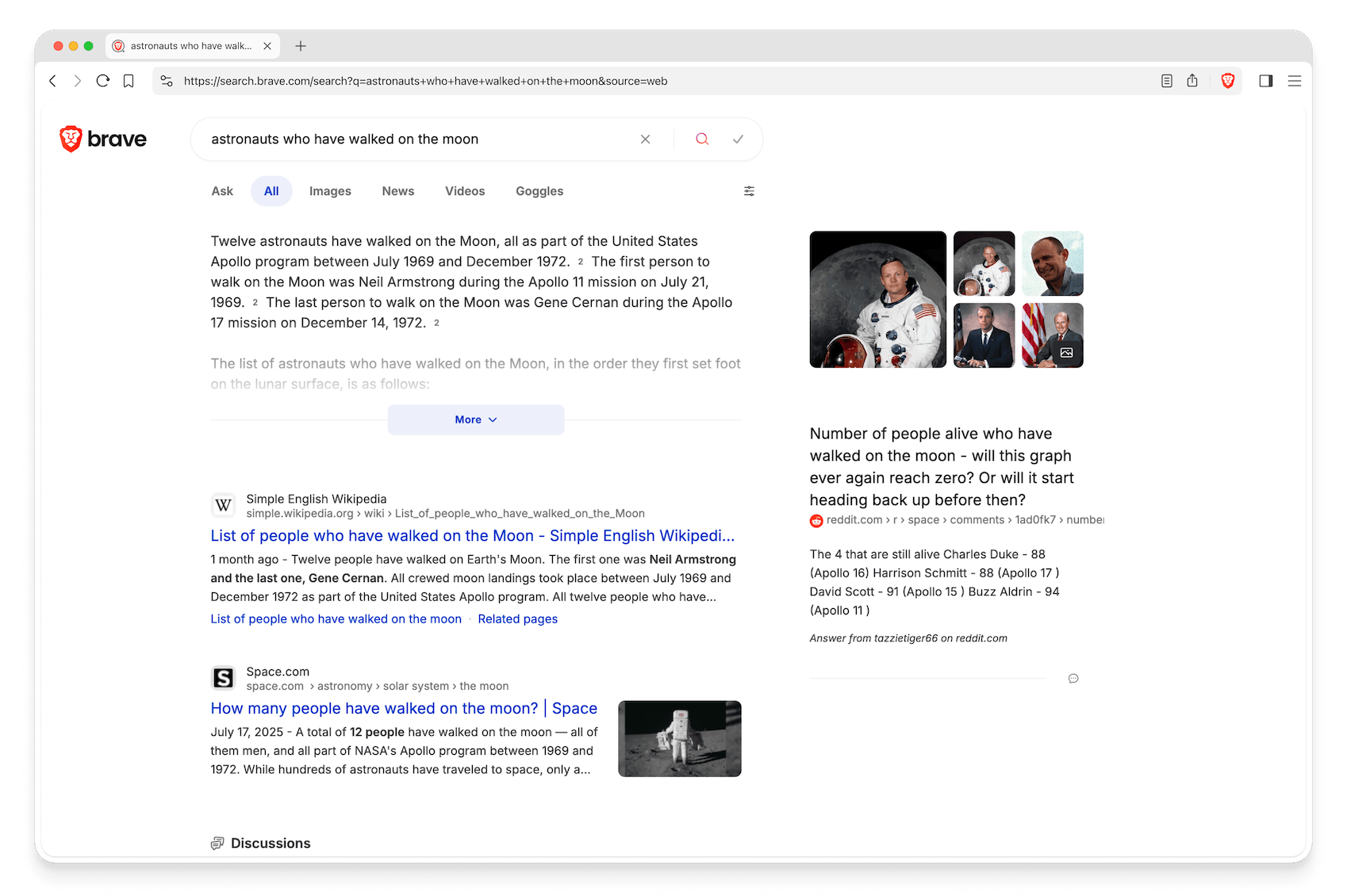[Screenshot: Brave Search results showing Discussions SERP feature and Goggles]