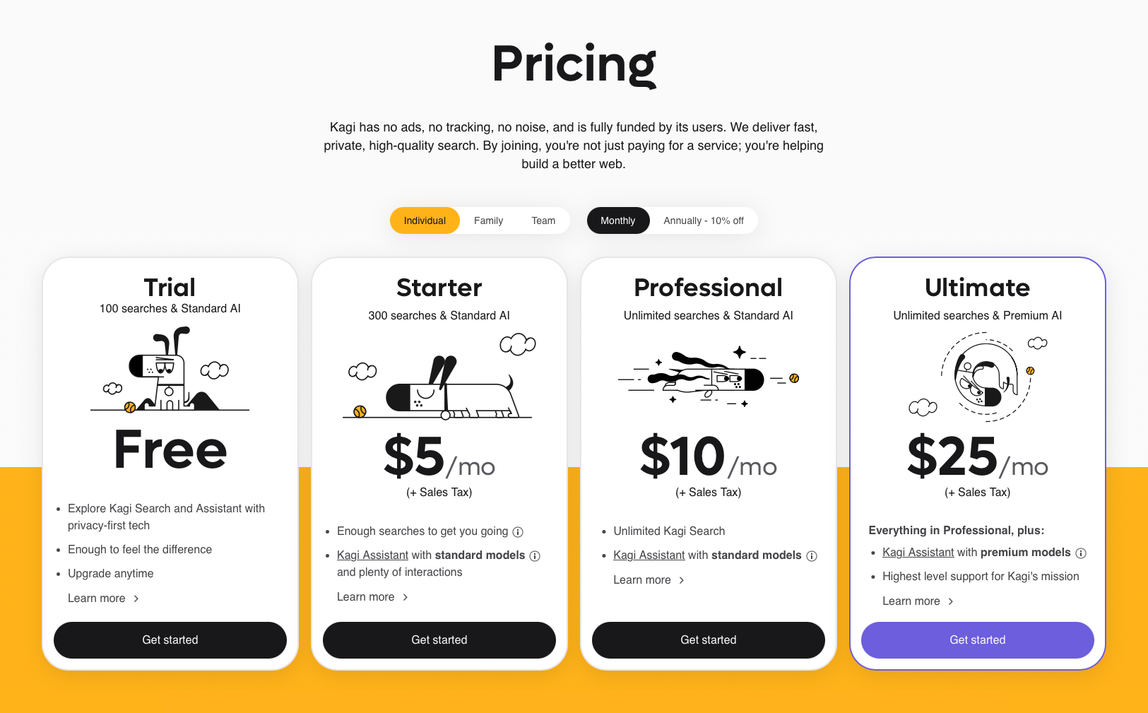 [Screenshot: Kagi search results and pricing page]