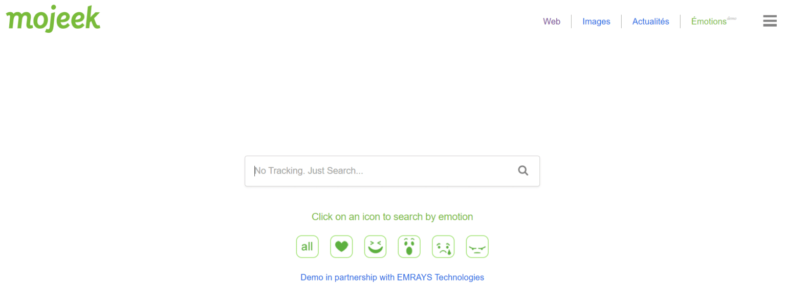 [Screenshot: Mojeek search interface showing emotion-based search feature]