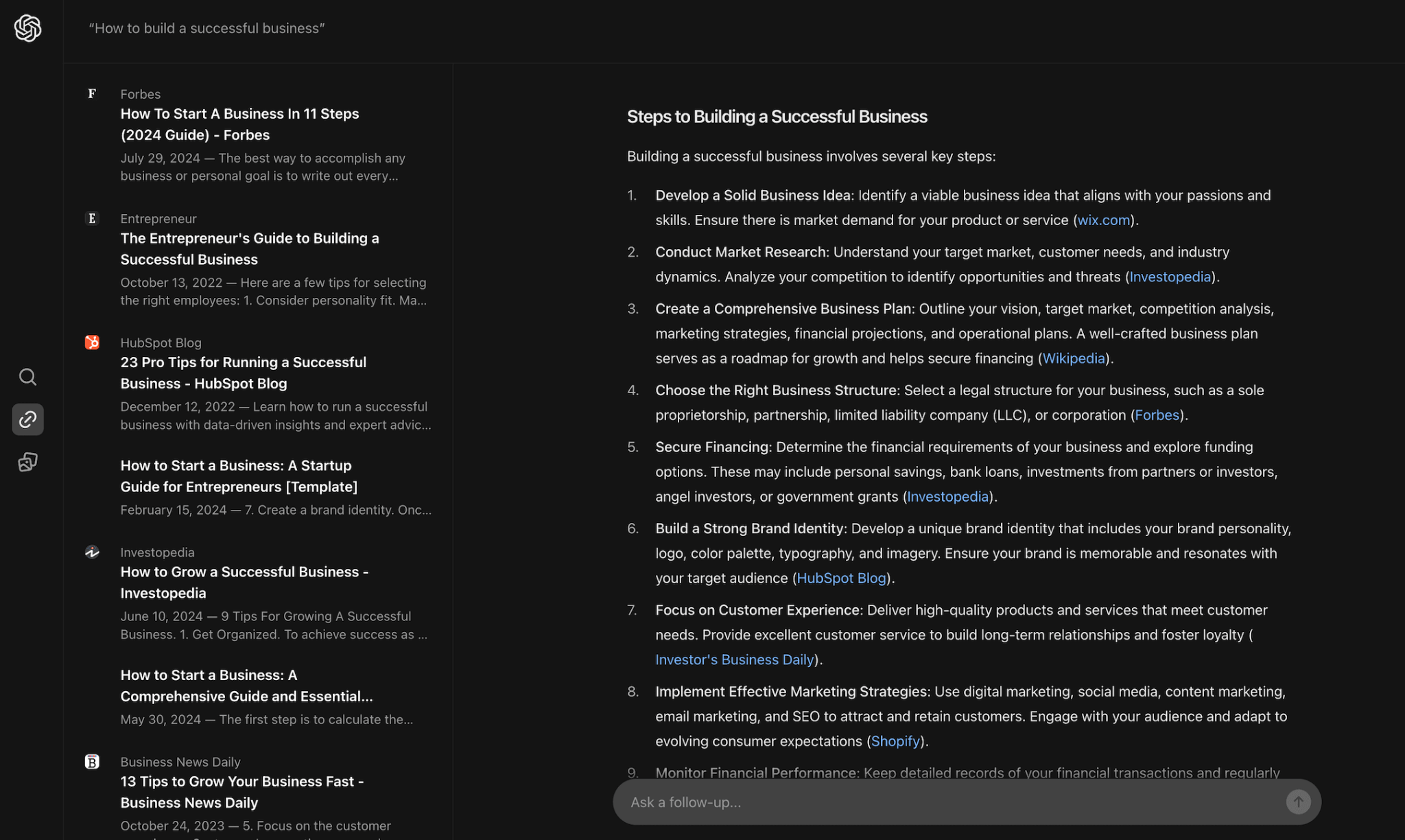 [Screenshot: ChatGPT Search interface with web search icon toggled and cited results]