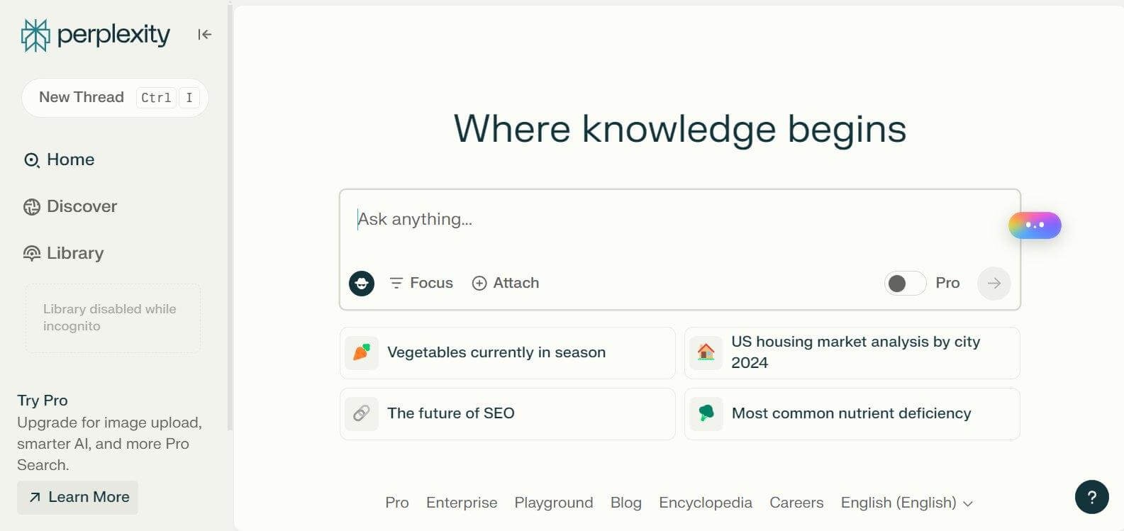 [Screenshot: Perplexity search results with source citations and focus options]