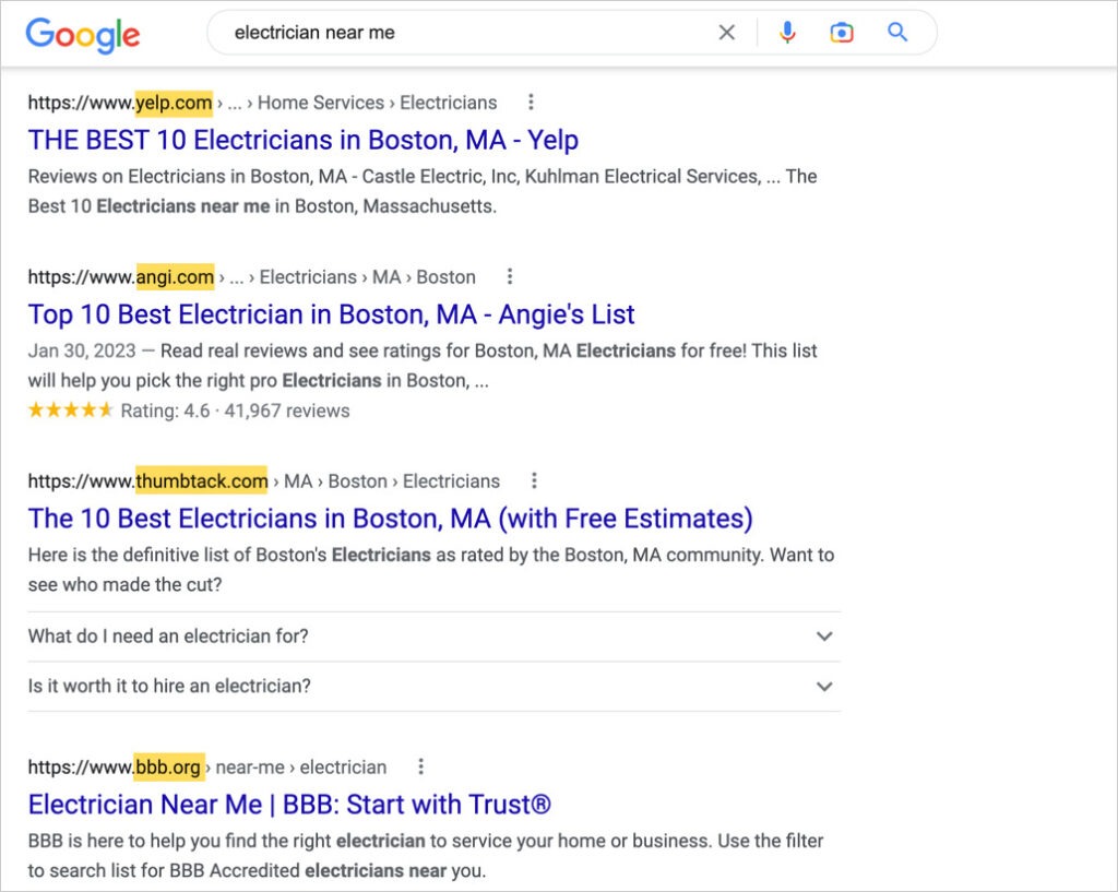 [Screenshot: Google search results for a local service query showing directory sites like Yelp, Angi, and Thumbtack ranking above individual business websites]