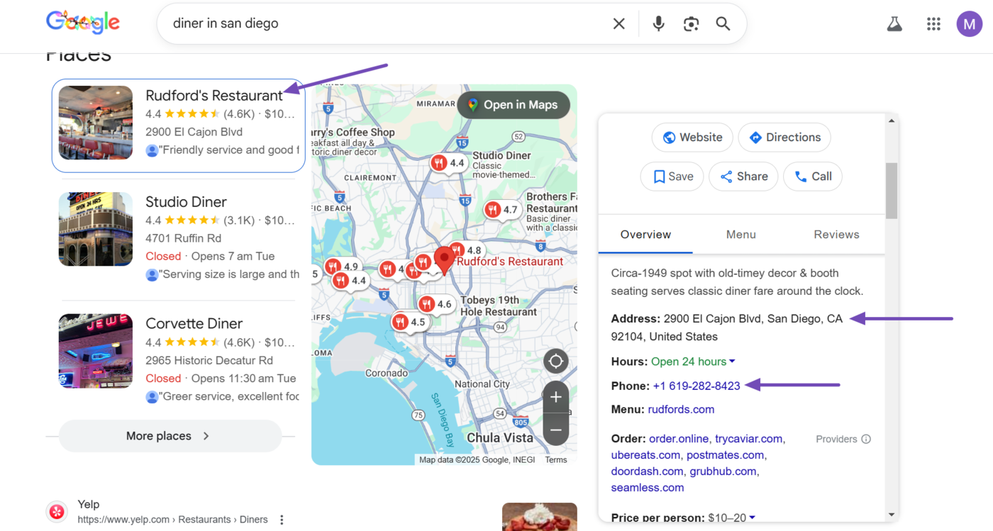 [Screenshot: Example of a structured citation on Yelp or Google Business Profile showing the standardized NAP format with business hours, category, and photos]
