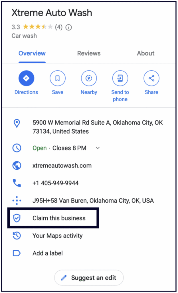 [Screenshot: Google Business Profile claim/verification page showing the &ldquo;Claim this business&rdquo; button]