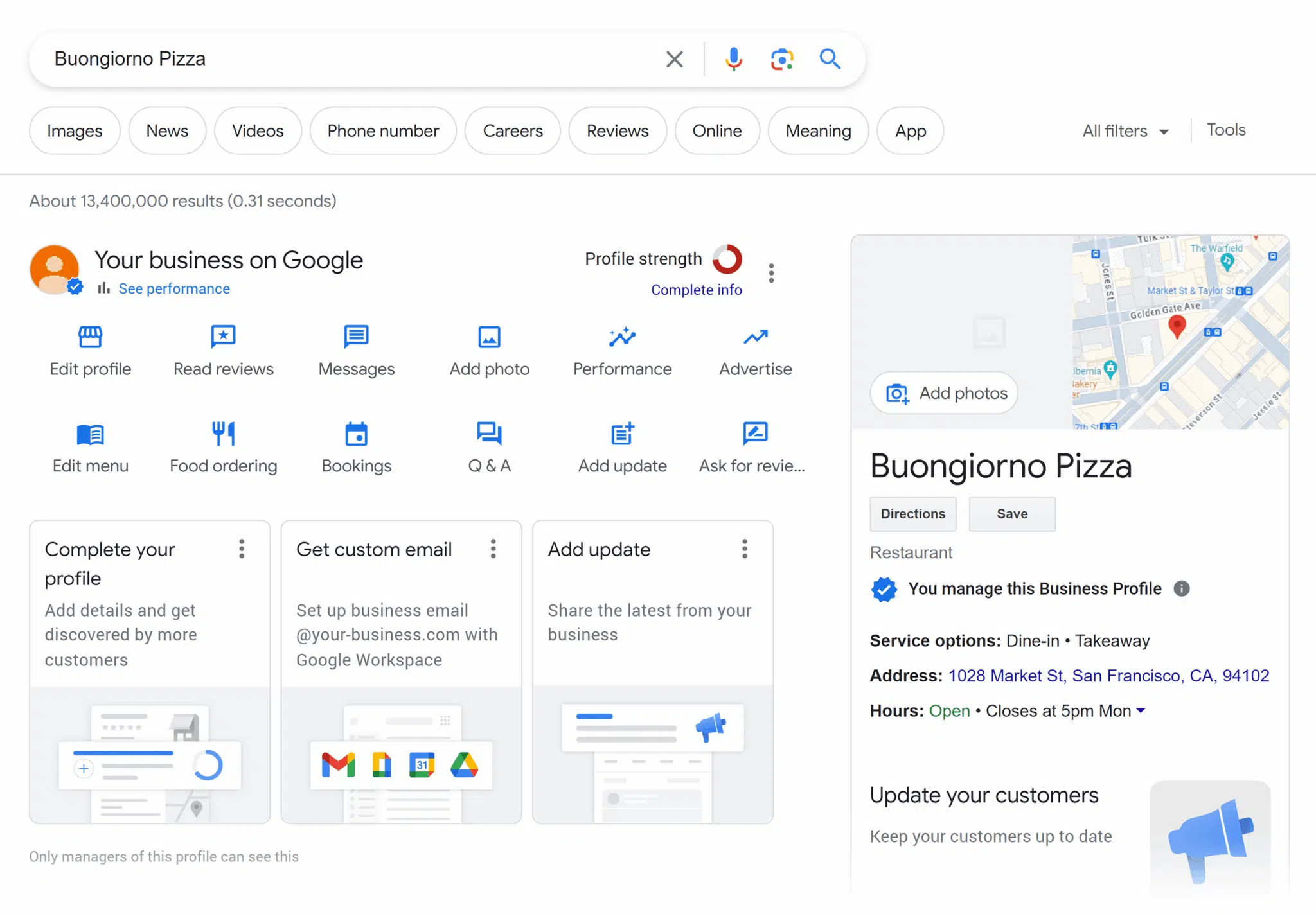[Screenshot: A fully optimized Google Business Profile with all sections completed, including photos, hours, and services]