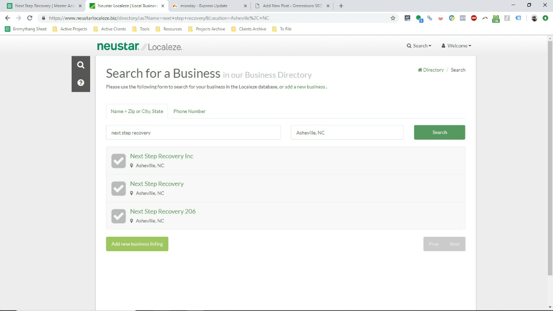 [Screenshot: Express Update or Neustar Localeze business search page showing how to look up and claim a listing]