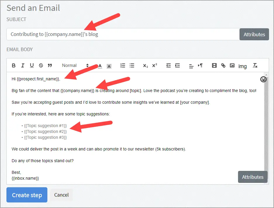 [Screenshot: Example outreach email pitching a guest post to a website with a &ldquo;write for us&rdquo; page]