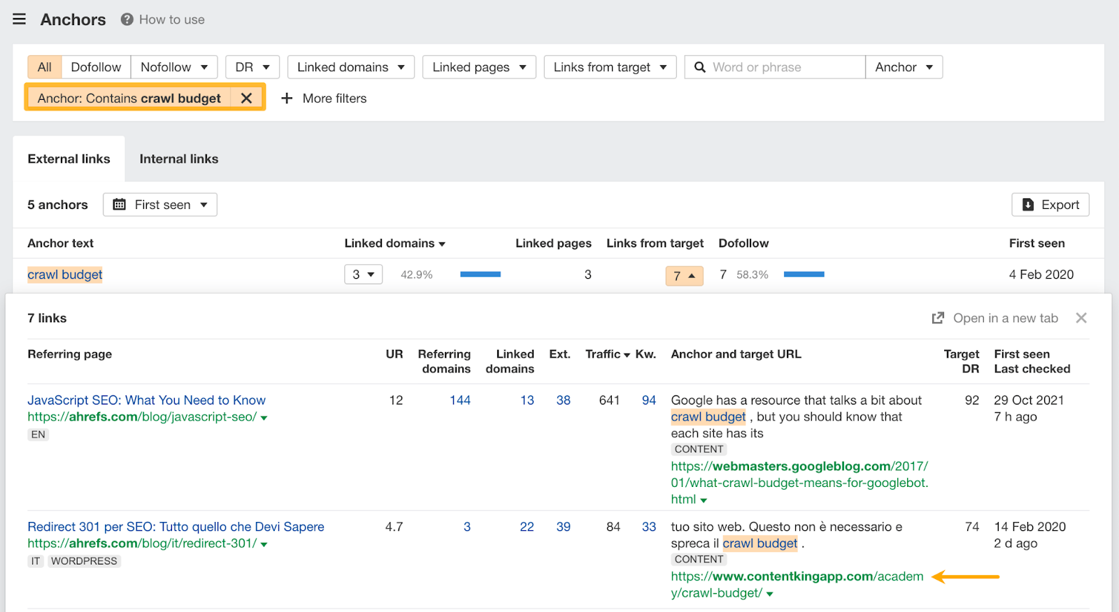 [Screenshot: Ahrefs Outgoing Link Anchors report showing suspicious external anchor text patterns]