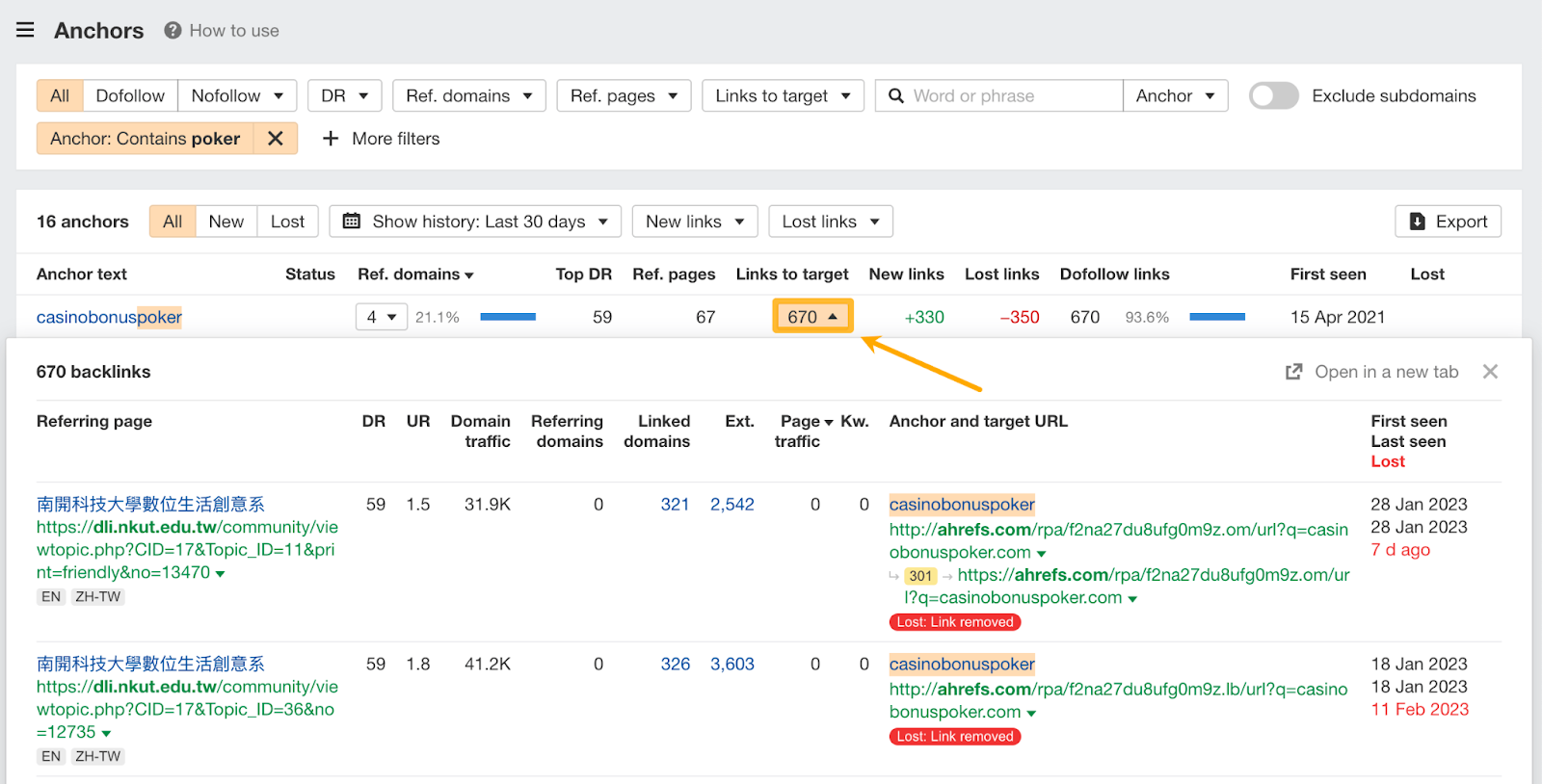 [Screenshot: Ahrefs inbound Anchors report showing suspiciously keyword-rich followed links to a site&rsquo;s homepage]
