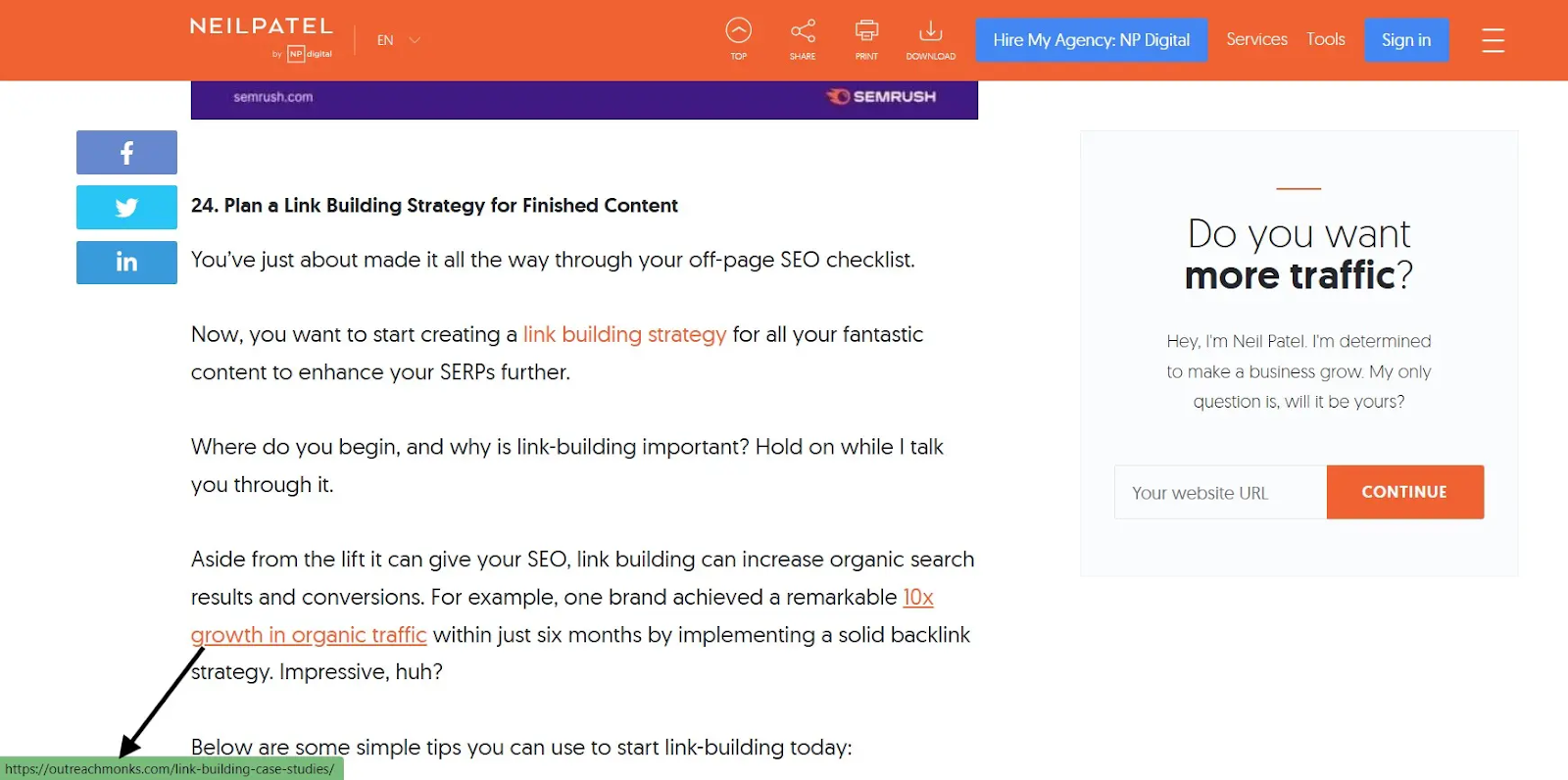 [Screenshot: Example of a relevant link opportunity&mdash;an article about link building costs that could benefit from linking to data on niche edit pricing]